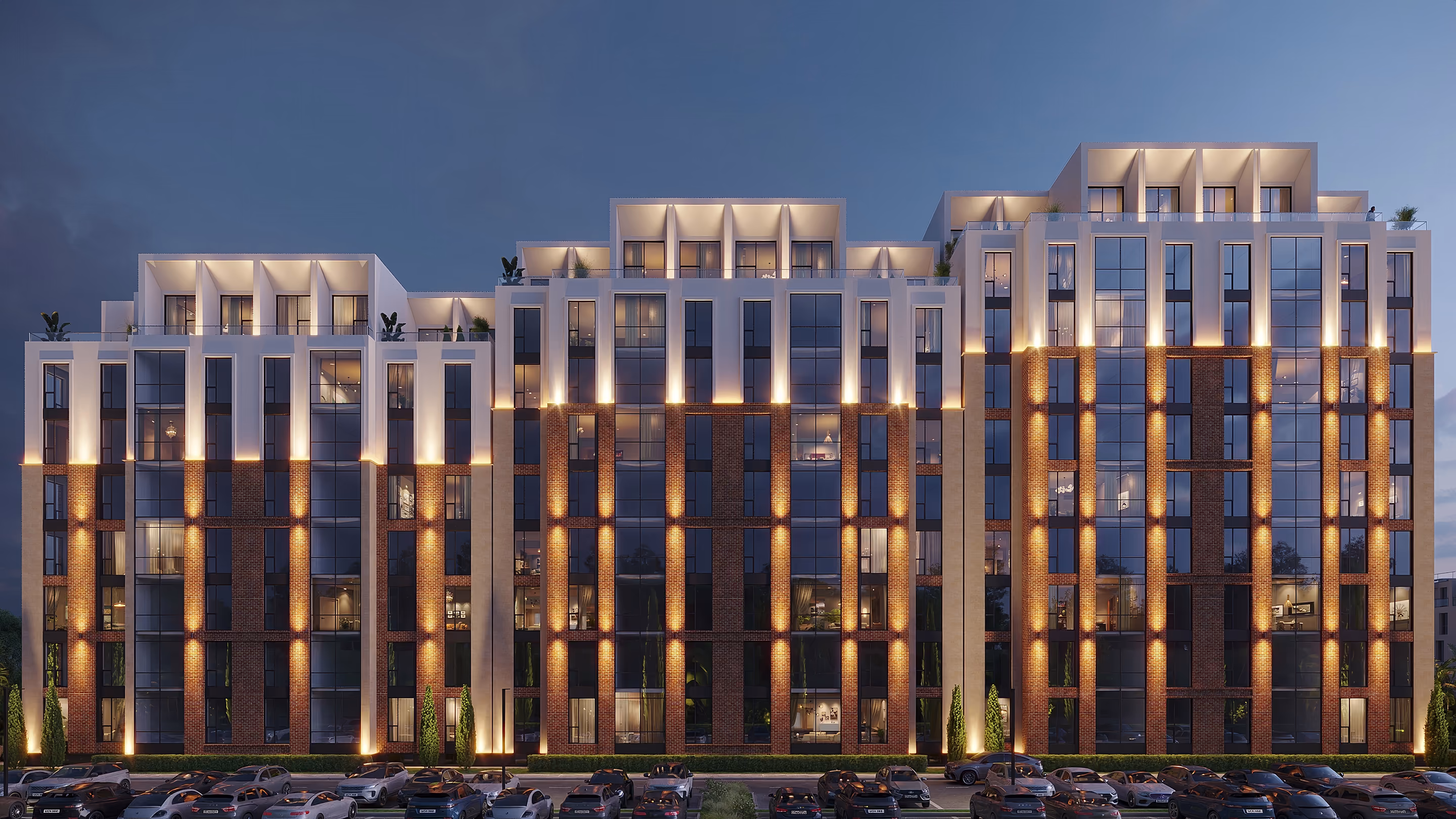 Фасад корпуса с панорамным остеклением, вид на море